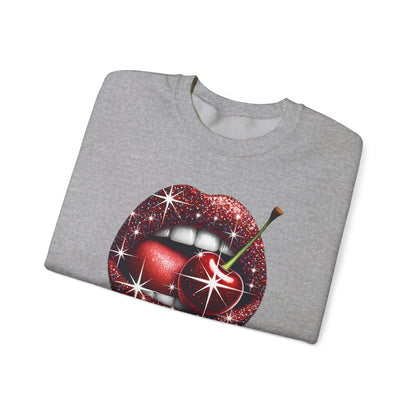 Cherry Kiss Me Sweatshirt, Glitter Lips Cherry Graphic Crewneck, Retro Pop Art Sweatshirt, Cute Flirty Pullover, Unisex Cozy Top
