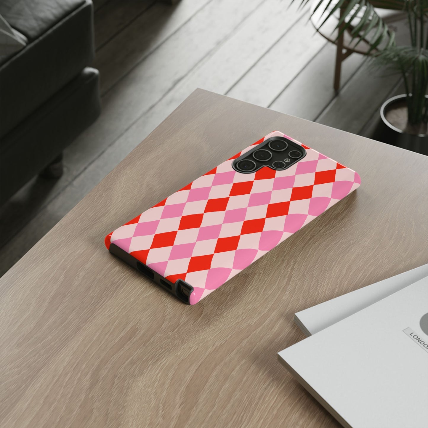 Tough Cases with Red Pink Diamonds, Retro Checkerboard iPhone Case And Samsung Case, Slim Fit Phone Case, Stylish Gift
