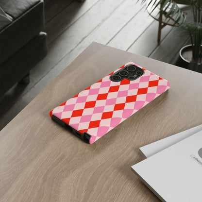 Tough Cases with Red Pink Diamonds, Retro Checkerboard iPhone Case And Samsung Case, Slim Fit Phone Case, Stylish Gift