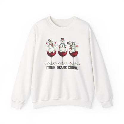 Drink Drank Drunk Christmas Sweatshirt | Funny Wine Lover Holiday Sweater | Snowman Drinking Crewneck | Christmas Gift