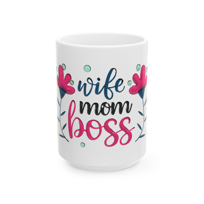 Wife Mom Boss Mug, Floral Heart Coffee Cup, Gift for Mom Wife Boss, Cute Ceramic Mug 11oz 15oz, Mother's Day Birthday Office Gift