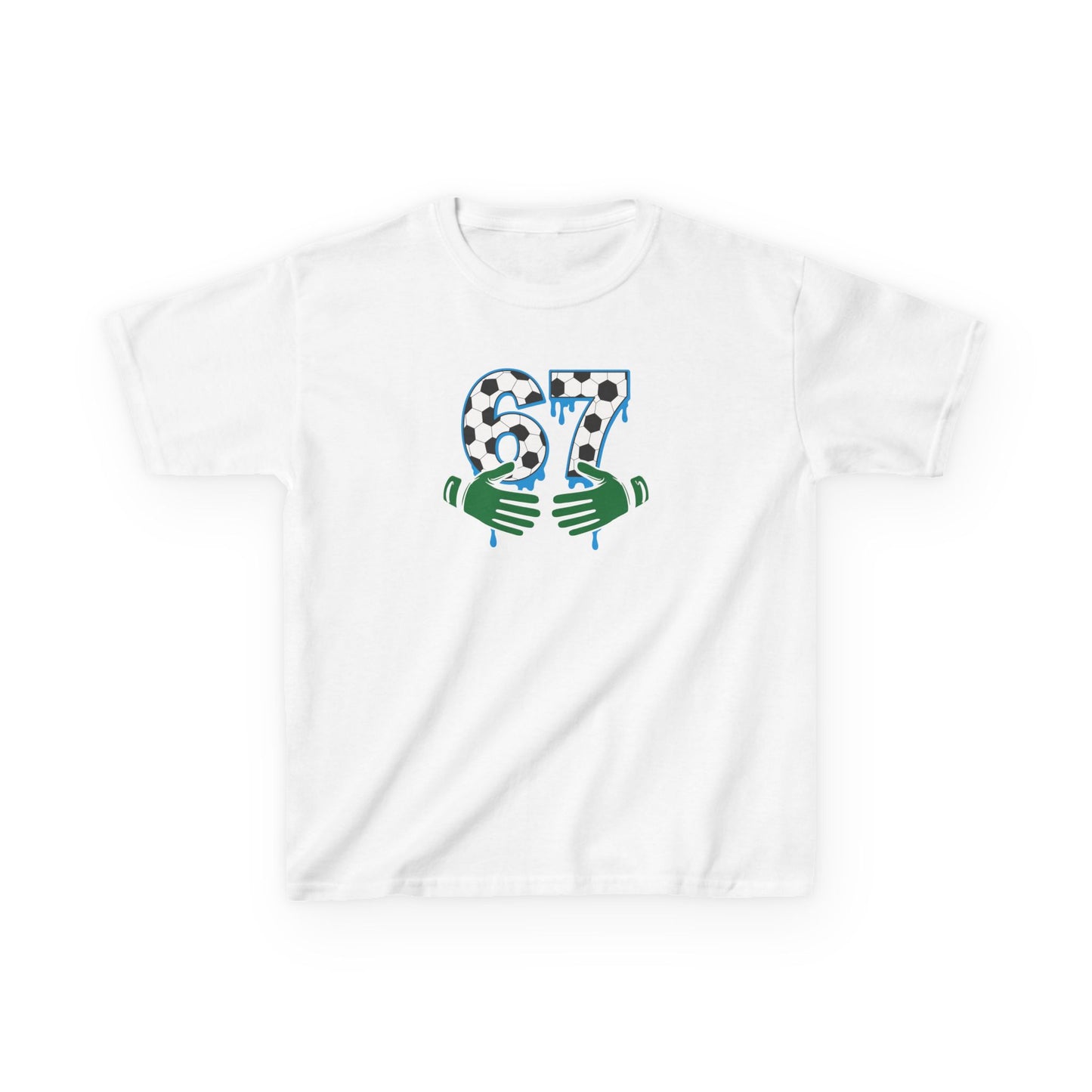 67 Number Design Kids T-Shirt, Green Hands Graphic Tee, Patterned Number Shirt for Boys Girls, Playful Kids Cotton Top, Soccer Lover Shirt