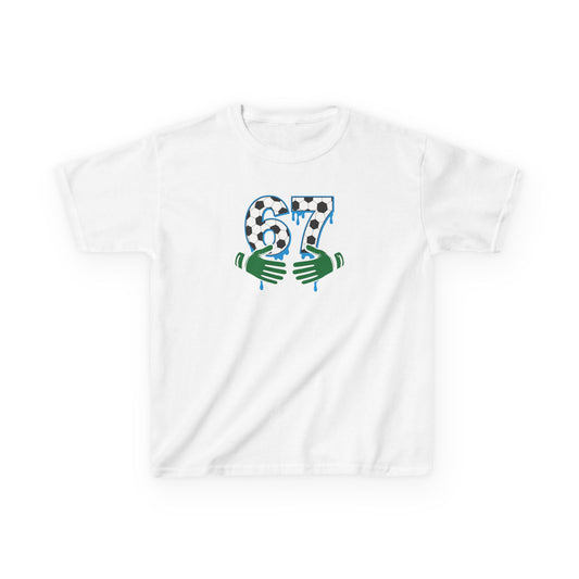 67 Number Design Kids T-Shirt, Green Hands Graphic Tee, Patterned Number Shirt for Boys Girls, Playful Kids Cotton Top, Soccer Lover Shirt