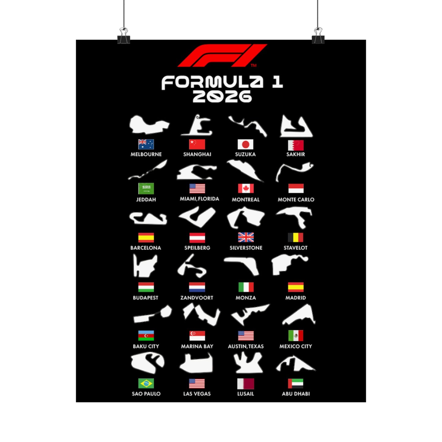 Formula 1 2026 Track Map Poster, F1 Circuits Silhouette Wall Art, Motorsport Racing Print, Racing Fan Gift, Garage Decor