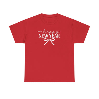 Happy New Year Bow T-Shirt, Minimalist New Year Typography Tee, Holiday Graphic Shirt, New Year's Eve Outfit, Casual Festive Top