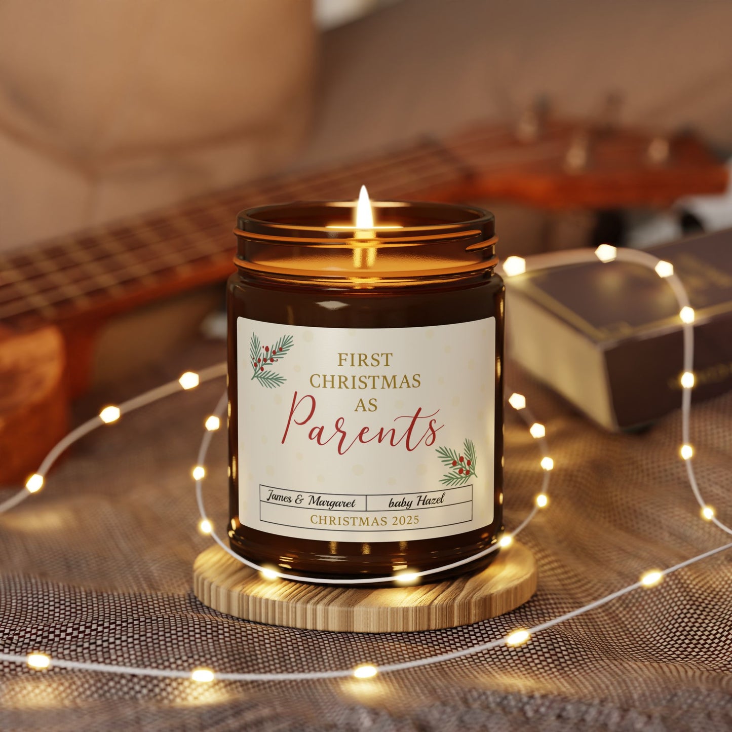 First Christmas as Parents Candle, Personalized Amber Jar Soy Candle, Holiday Scented Gift for New Moms & Dads, Cozy Xmas Decor