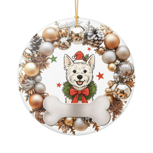Westie Santa Hat Ornament, Christmas Dog Bone Ceramic Decor, Cute Westie Christmas Tree Ornament, Pet Lover Holiday Gift