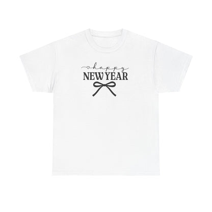 Happy New Year Bow T-Shirt, Minimalist New Year Typography Tee, Holiday Graphic Shirt, New Year's Eve Outfit, Casual Festive Top