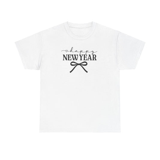 Happy New Year Bow T-Shirt, Minimalist New Year Typography Tee, Holiday Graphic Shirt, New Year's Eve Outfit, Casual Festive Top