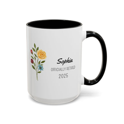 Personalized Retirement Coffee Mug, Floral Design, Gift for Retirees, Custom Name Mug, Celebration Drinkware, Retirement Day Gift