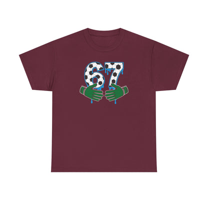 Dripping 97 Number Graphic Tee, Streetwear Checkerboard T-Shirt with Green Hands, Artsy Unisex Cotton Shirt