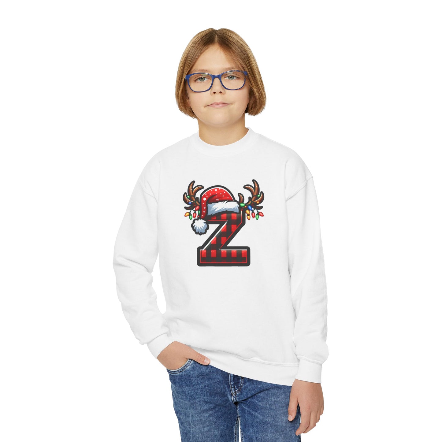 Festive Youth Crewneck Sweatshirt with Christmas Reindeer and Santa Hat, Holiday Gift for Kids, Winter Wear, Cozy Sweater, Christmas Apparel