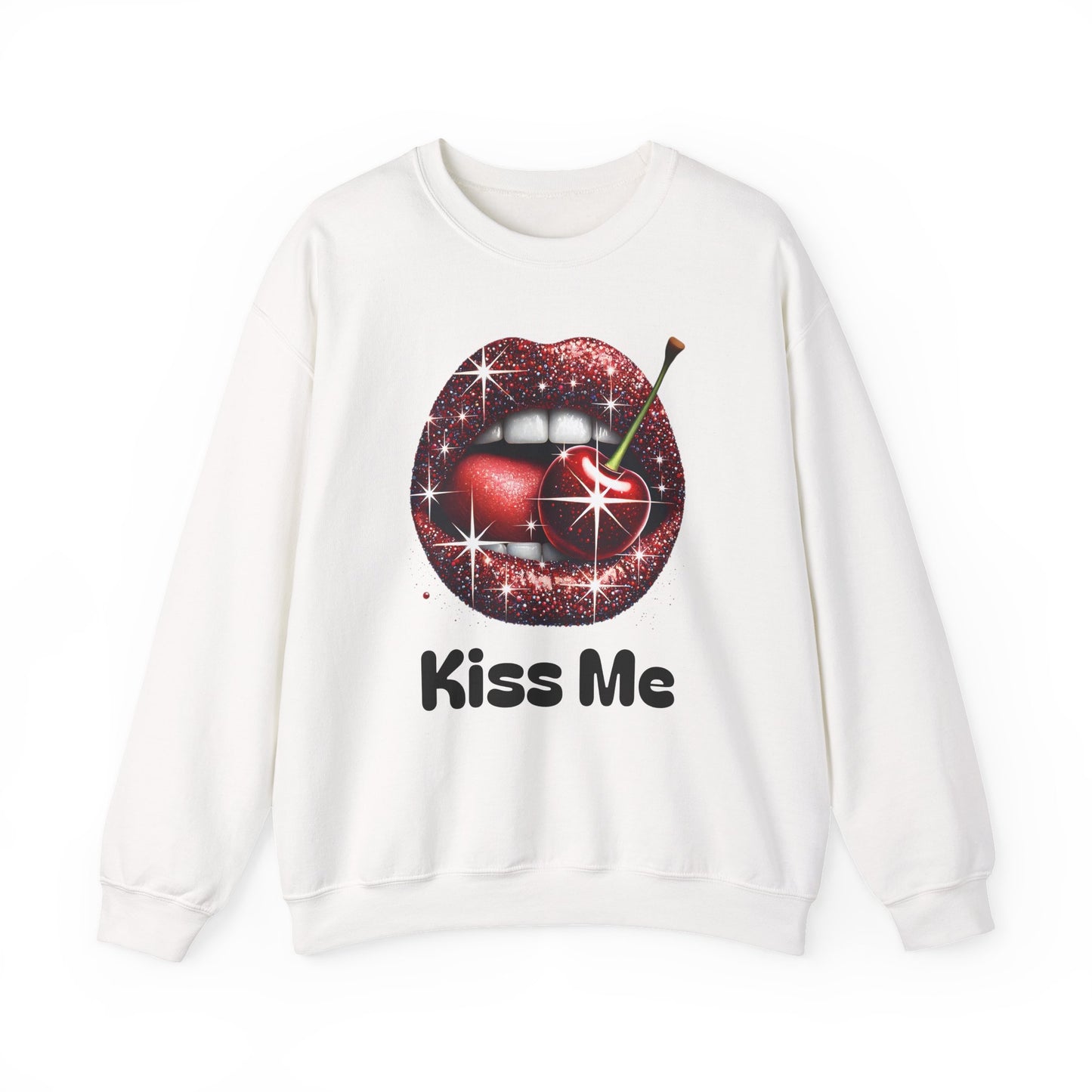 Cherry Kiss Me Sweatshirt, Glitter Lips Cherry Graphic Crewneck, Retro Pop Art Sweatshirt, Cute Flirty Pullover, Unisex Cozy Top