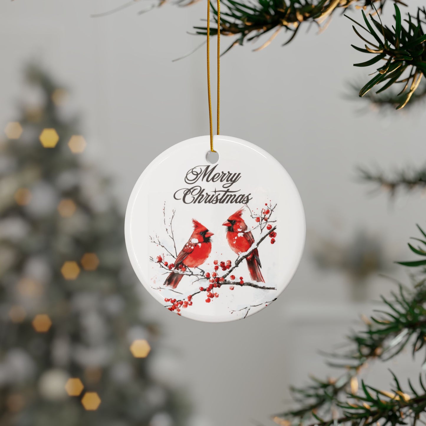 Cardinal Birds Christmas Ornament, Double-Sided Ceramic Cardinal Decoration, Winter Cardinal Holiday Ornament, Merry Christmas Keepsake