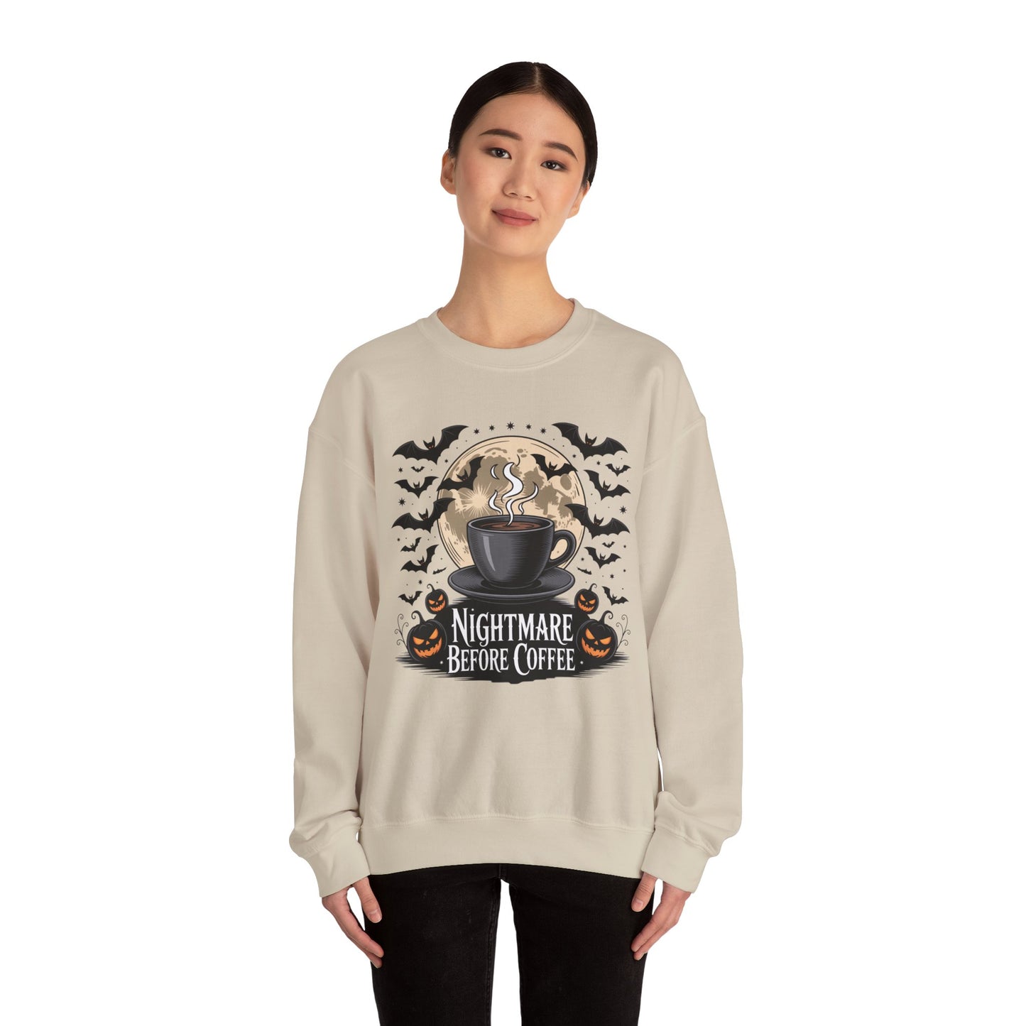 Spooky Coffee Lover's Crewneck Sweatshirt, Cozy Halloween Apparel Unisex Sweatshirt Nightmare Before Coffee Sweatshirt Perfect for Halloween