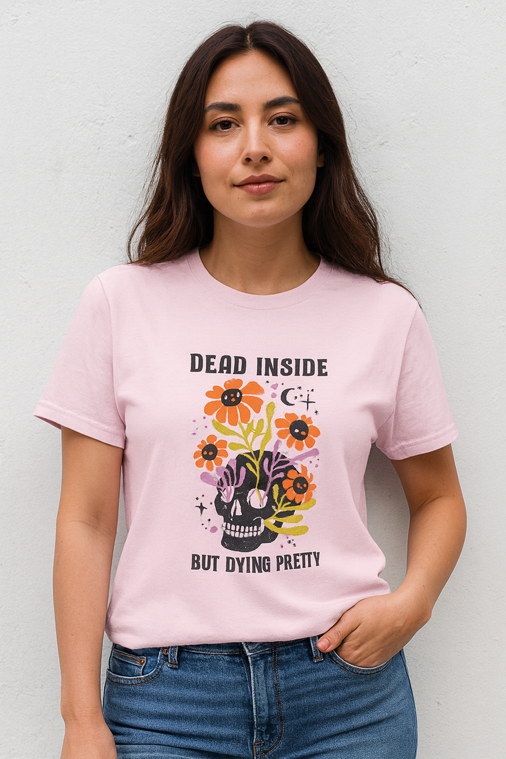 Skull Graphic Tee, Quirky Heavy Cotton T-Shirt, Dead Inside but Dying Pretty, Unisex Casual Wear, 90s Aesthetic, Gift for Friends