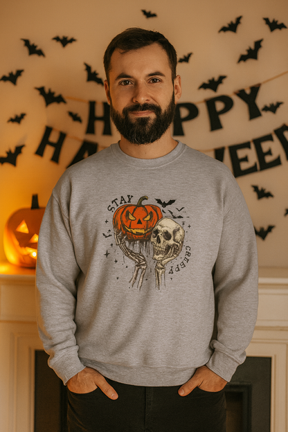 Stay Creepy Crewneck Sweatshirt, Halloween Sweater, Cozy Fall Apparel, Spooky Gift, Pumpkin Skull Design, Halloween Celebration