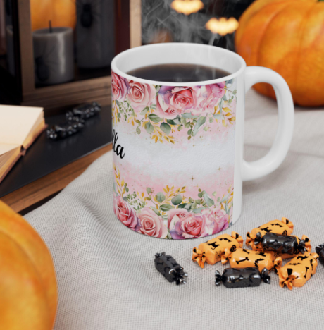 Personalized Floral Ceramic Mug – Custom Coffee Cup, Cute Gift for Her, Birthday Mug, Bridesmaid Gift, 11oz & 15oz Customizable