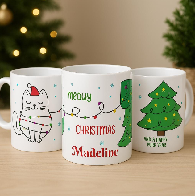 Personalized Meowy Christmas Mug – Cute Cat Holiday Coffee Cup, Festive Ceramic Drinkware, Christmas Gift for Her, 11oz & 15oz
