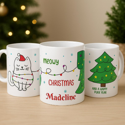 Personalized Meowy Christmas Mug – Cute Cat Holiday Coffee Cup, Festive Ceramic Drinkware, Christmas Gift for Her, 11oz & 15oz