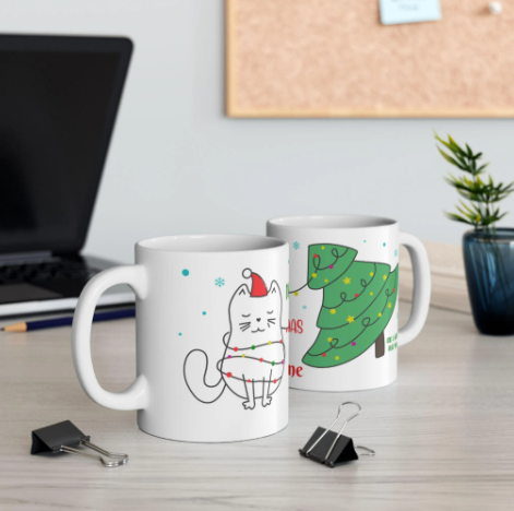 Personalized Meowy Christmas Mug – Cute Cat Holiday Coffee Cup, Festive Ceramic Drinkware, Christmas Gift for Her, 11oz & 15oz
