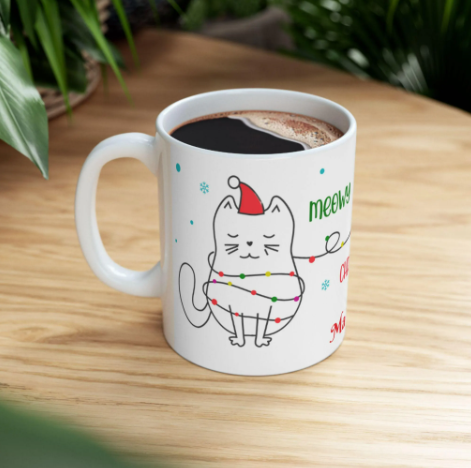 Personalized Meowy Christmas Mug – Cute Cat Holiday Coffee Cup, Festive Ceramic Drinkware, Christmas Gift for Her, 11oz & 15oz