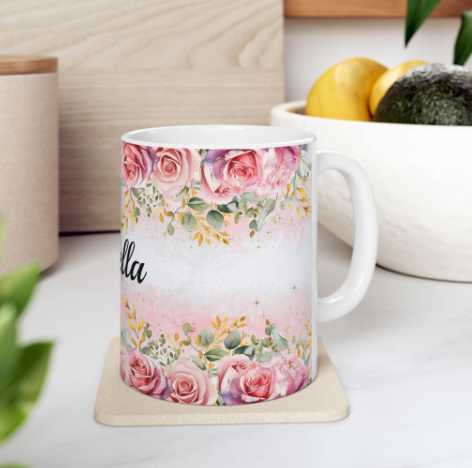Personalized Floral Ceramic Mug – Custom Coffee Cup, Cute Gift for Her, Birthday Mug, Bridesmaid Gift, 11oz & 15oz Customizable