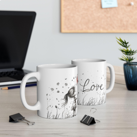 Whimsical Love Ceramic Mug – Cute Coffee Cup for Her, Romantic Gift, Valentine’s Day Mug, Cozy Housewarming Gift, 11oz & 15oz