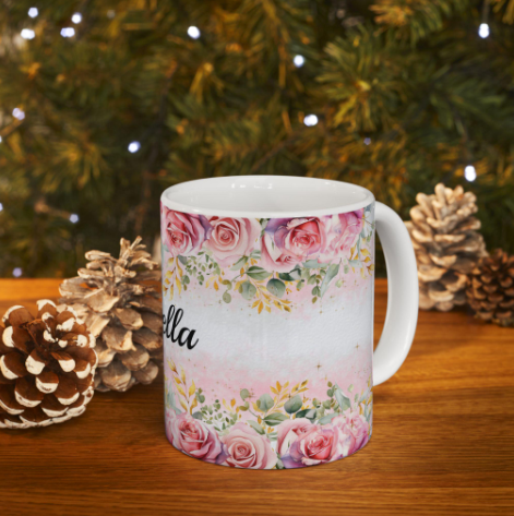 Personalized Floral Ceramic Mug – Custom Coffee Cup, Cute Gift for Her, Birthday Mug, Bridesmaid Gift, 11oz & 15oz Customizable