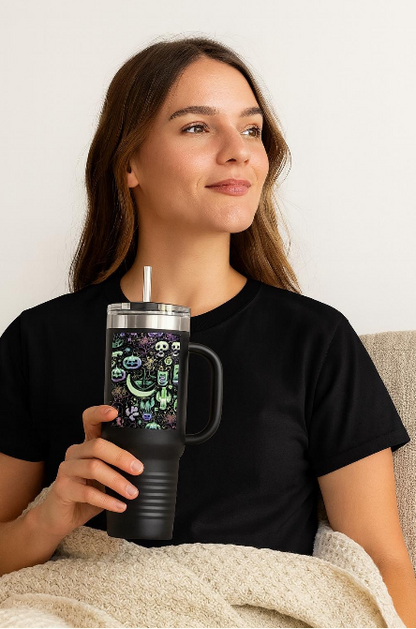 Halloween Mug, 40oz Halloween Spooky Engraved Tumbler | Ghost Ghouls Bats Tumbler | Engraved Bat Skeleton Tumbler | Ghost Ghouls Tumbler