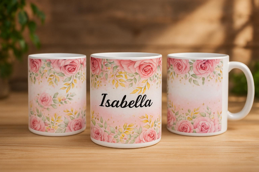Personalized Floral Ceramic Mug – Custom Coffee Cup, Cute Gift for Her, Birthday Mug, Bridesmaid Gift, 11oz & 15oz Customizable